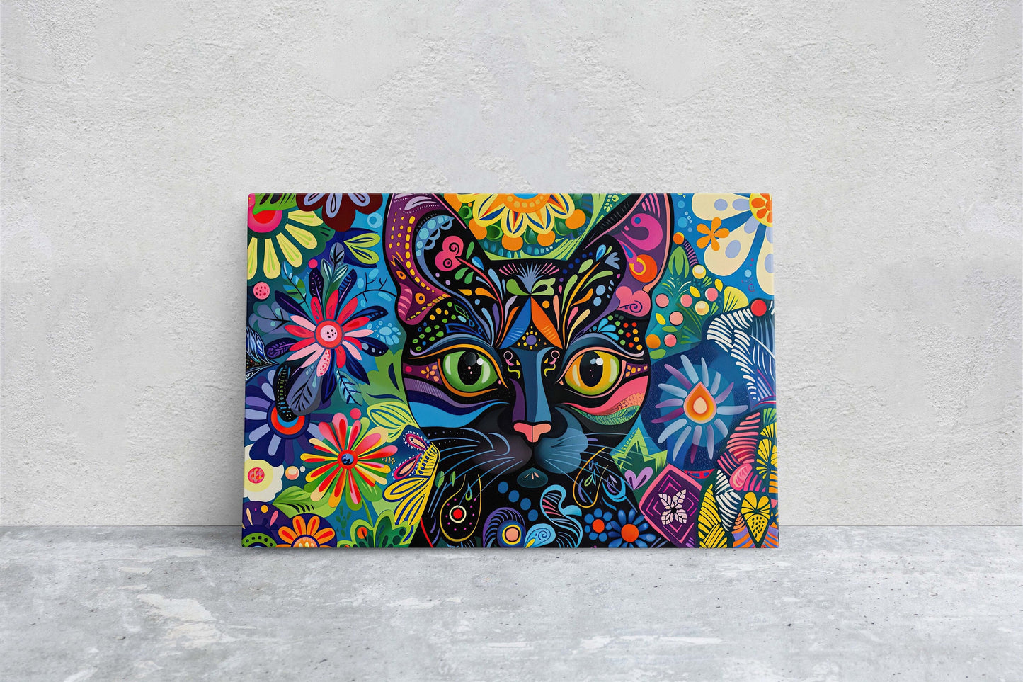 Whimsical Cat Art, Geometric Colorful, Abstract Cat, Pop Art, Large Art Print, Framed Canvas, Black Cat, Cat Lover, Animal Art