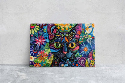 Whimsical Cat Art, Geometric Colorful, Abstract Cat, Pop Art, Large Art Print, Framed Canvas, Black Cat, Cat Lover, Animal Art