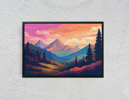 Mountain Sunset on Canvas, Vivid Color, Forestpunk, Bold Color, Illustration animation, cyberpunk landscape, Large Print
