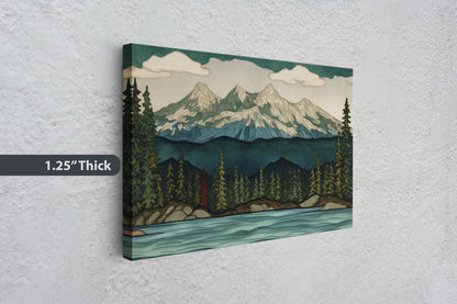 Minimalist Lake Mountain on Canvas, Scandinavian Design, Danish, Green Blue, Framed Canvas, Abstract, Simple, Landscape Painting