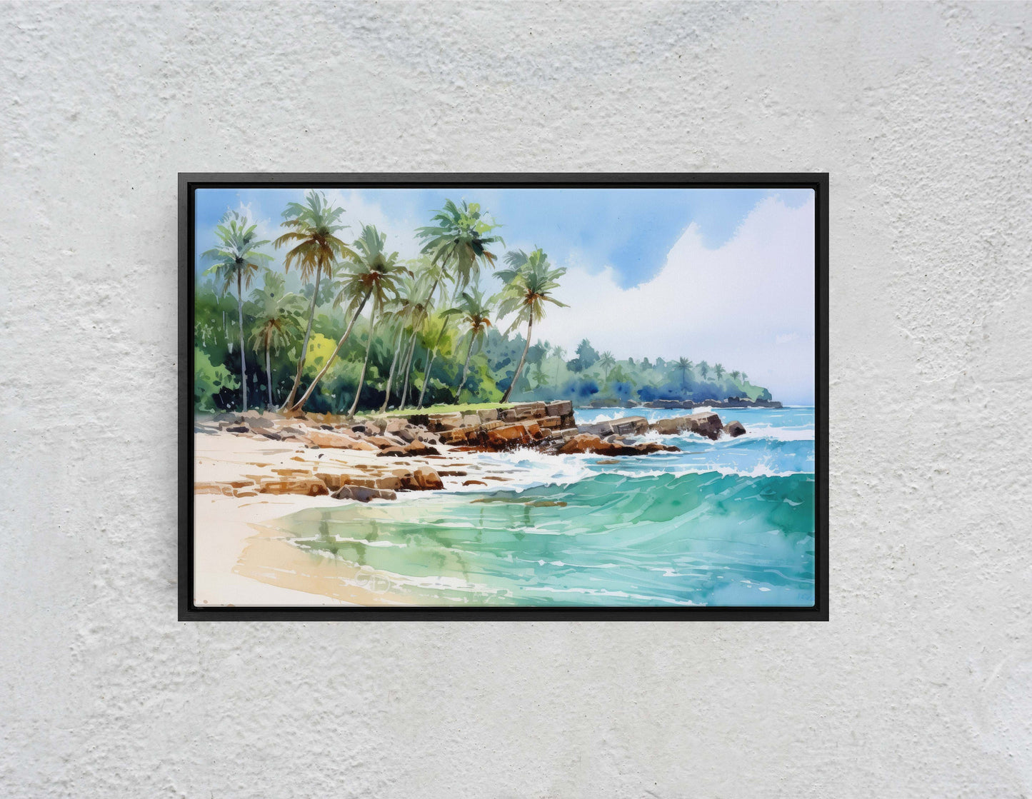 Beach Waves on Canvas, High Tide, Blue water, Green water, Palm Trees, Tropical Paradise, Ocean Vacation, Framed Canvas