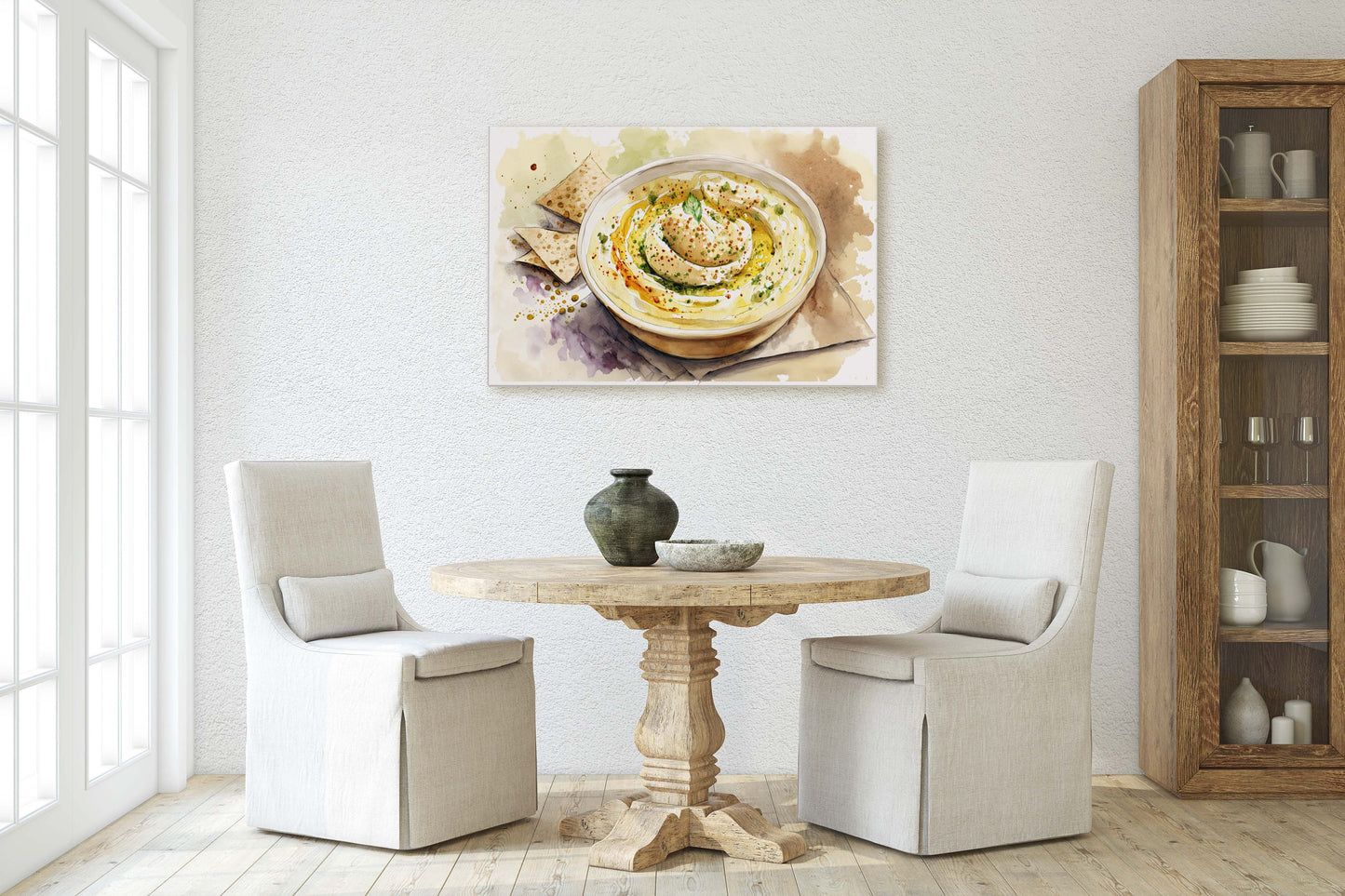 Hummus and Pita, chickpea, Ready To Hang, Large Print, Watercolor Painting, Dining Room, Kitchen Art, Restaurant Art, Mediterranean Food