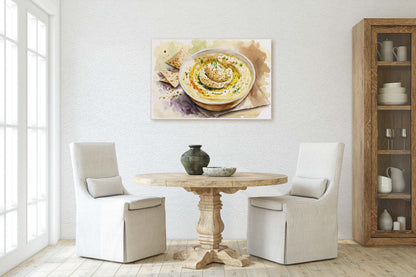 Hummus and Pita, chickpea, Ready To Hang, Large Print, Watercolor Painting, Dining Room, Kitchen Art, Restaurant Art, Mediterranean Food