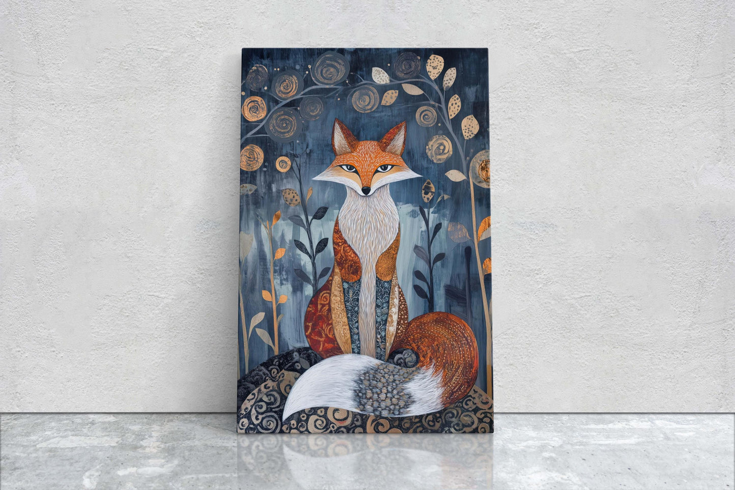 Scandinavian Fox, Folk Art, Celestial Art,  Framed Canvas, Dark Print, Nature Print, Whimsical