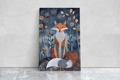 Scandinavian Fox, Folk Art, Celestial Art,  Framed Canvas, Dark Print, Nature Print, Whimsical