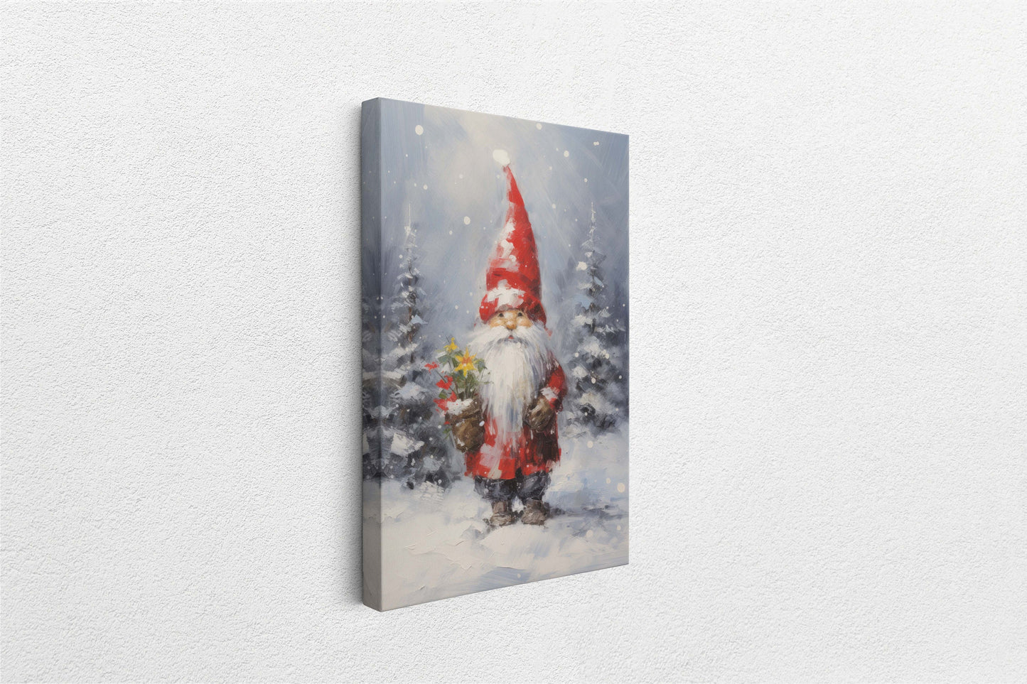 Christmas Elf, Christmas Gnome, Santa Clause Flower, Cute Santa, Christmas Decor, Xmas Painting, Framed Canvas