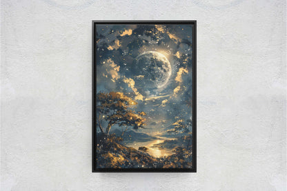Full Moon, Celestial Painting, Night Sky, Golden Glow, Majestic Landscape, Framed Canvas, Large Art Print