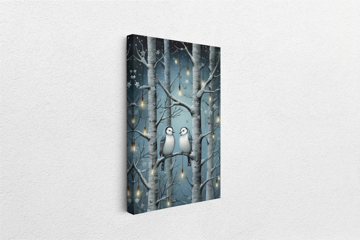 Snow Birds Painting, Winter Bird Tree, Festive Decor, Winter Season, Blue Birds, Tree Lights, Framed Canvas