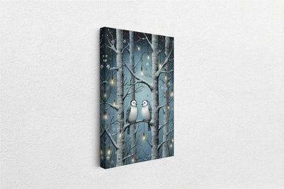 Snow Birds Painting, Winter Bird Tree, Festive Decor, Winter Season, Blue Birds, Tree Lights, Framed Canvas