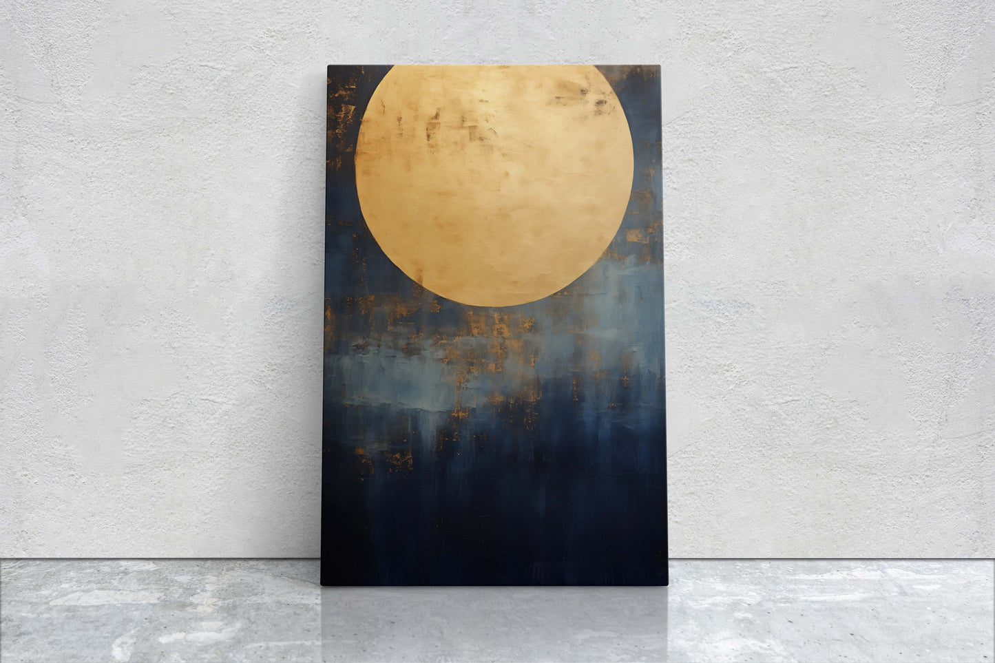 Gold Moon on Indigo, Moon Painting, Minimalist Art, Circle Indigo, Maximalist Art, Contemporary Decor, Celestial Art, Space Decor, Night Sky