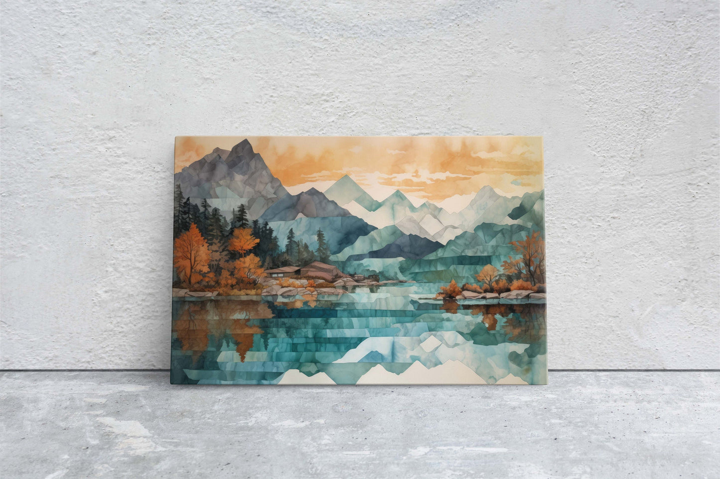 Lakeside Mountains on Canvas, Lake View mountains, Abstract Landscape, Modern Landscape, Neutral Tones, Subtle color, Watercolor Print