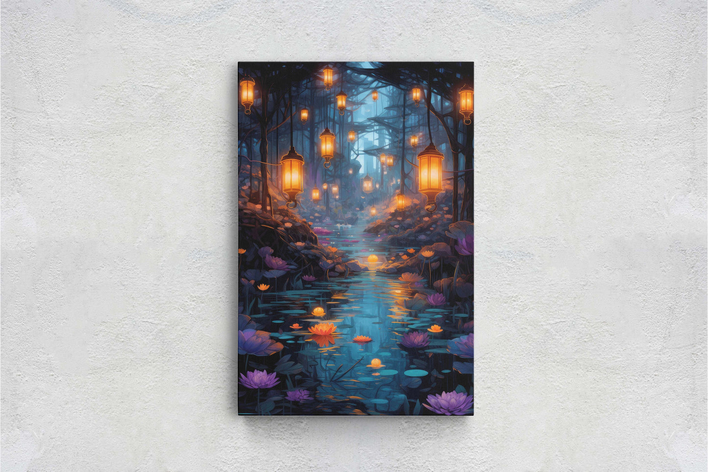 Enchanted Stream, Lamps Night Art, Lantern Forest, Vertical Canvas, Fantasy Decor, Office Art, River Art, Lily Stream, Floating Flower