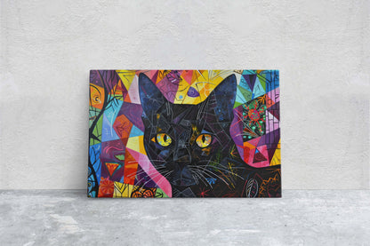 Geometric Cat Art, Whimsical Colorful, Abstract Cat, Pop Art, Large Art Print, Framed Canvas, Black Cat, Cat Lover, Animal Art