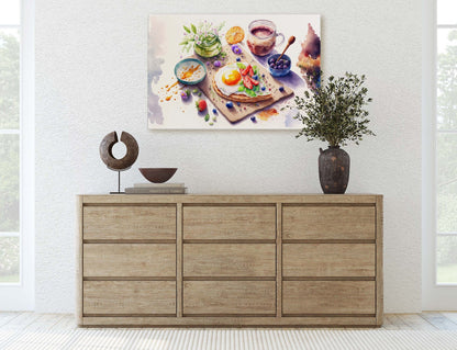 Watercolor Breakfast Canvas Art Ready To Hang Large Print, Oil Painting, Colorful, Eggs, Water Color, kitchen