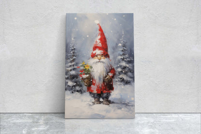 Christmas Elf, Christmas Gnome, Santa Clause Flower, Cute Santa, Christmas Decor, Xmas Painting, Framed Canvas