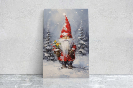 Christmas Elf, Christmas Gnome, Santa Clause Flower, Cute Santa, Christmas Decor, Xmas Painting, Framed Canvas