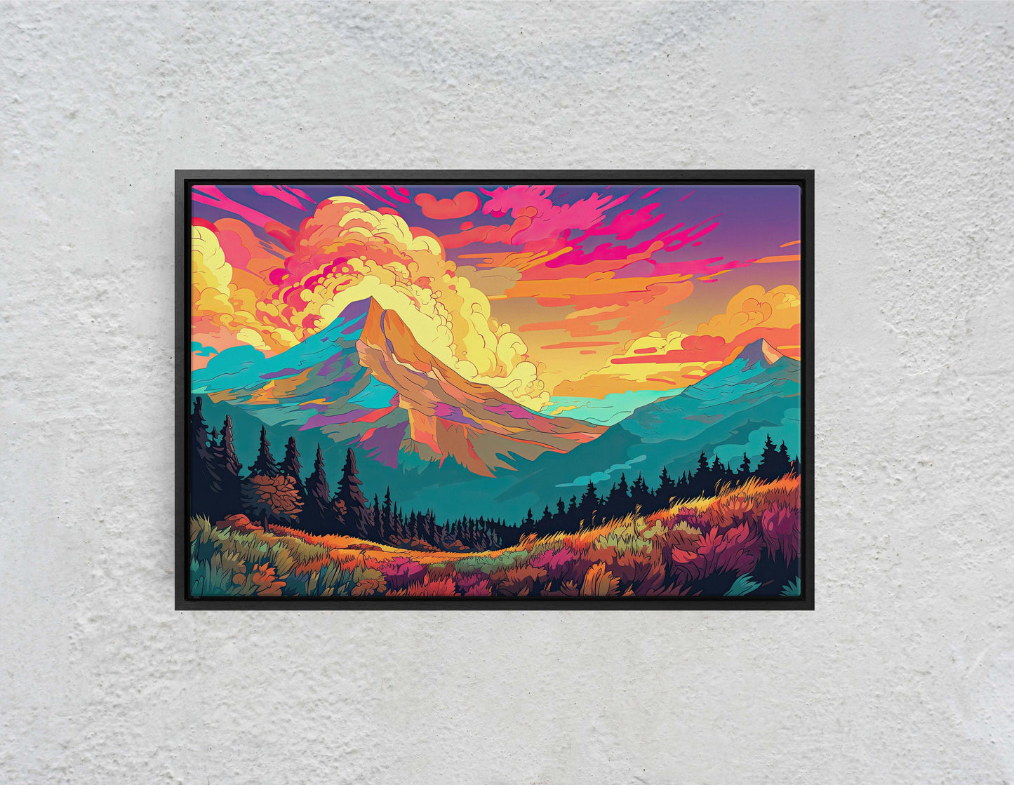 Vibrant Mountains, Colorful Illustration, Bold Colors, National Park, Framed Canvas, Cel Shading, Landscape Drawing, Toon Shading