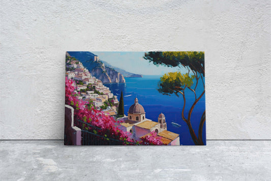 Italy Amalfi Coast, Seaside Coast, Colorful, Flowers Canvas, Coastline, Large Print, Painting, Landscape, Ocean Side, Beautiful View