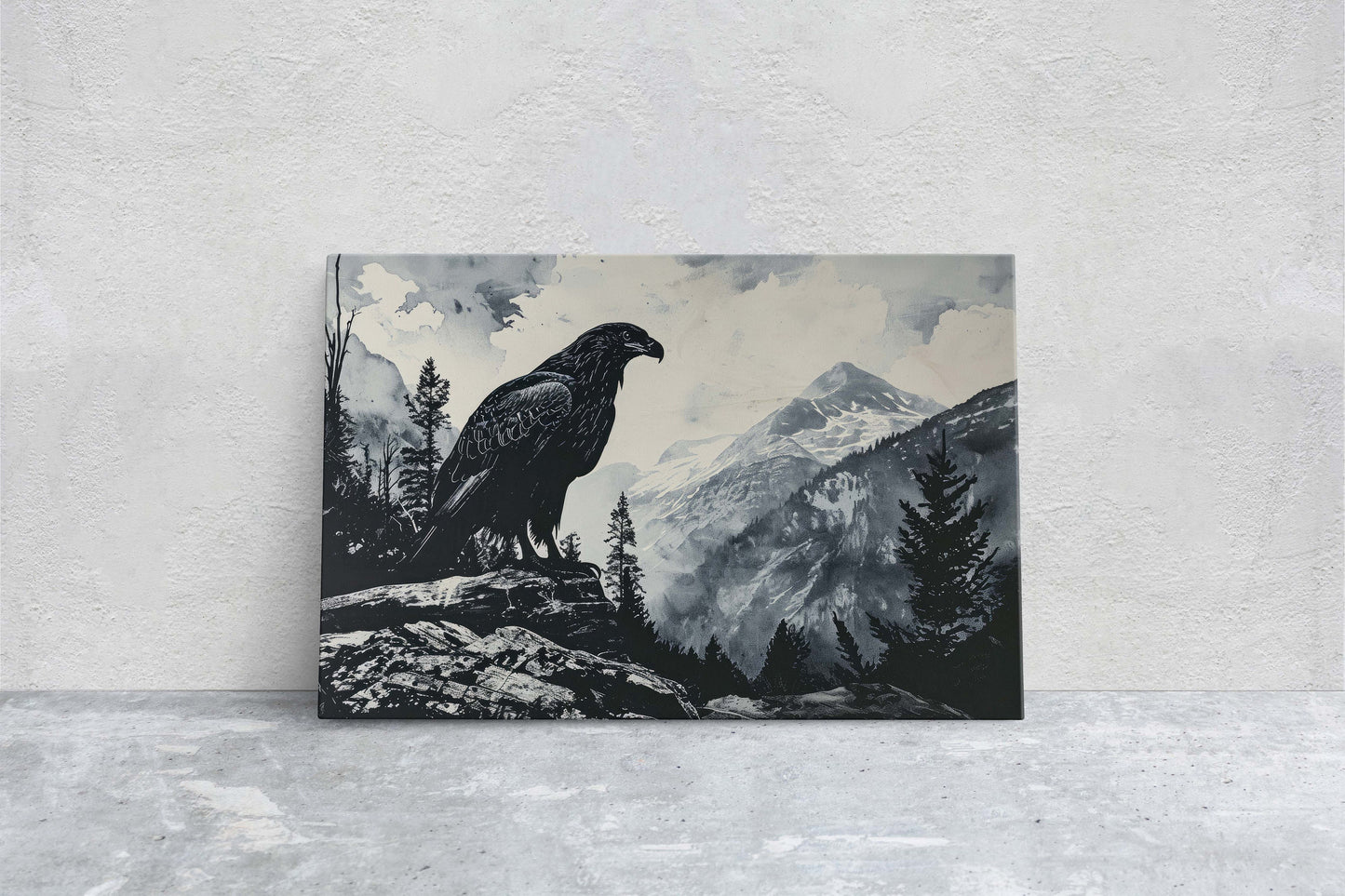 Black and White Eagle,  Hawk Painting, Cabin Decor, Mountain Home Art, Framed Canvas, Eagle Painting, Mountain Range, Nature Art