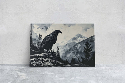 Black and White Eagle,  Hawk Painting, Cabin Decor, Mountain Home Art, Framed Canvas, Eagle Painting, Mountain Range, Nature Art