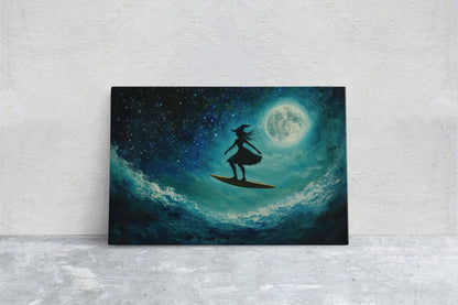 Surfing Witch, Whimsical Halloween, Full Moon, Flying Witch, Gothic Art, Fun Halloween, Whimsy, Funny Art