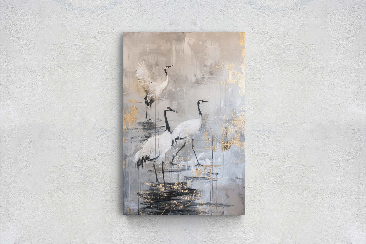 Japanese Cranes, Gold & Beige, Minimalist Art, Heron Decor, Framed Canvas, Japandi Print, Extra Large, Neutral Tones