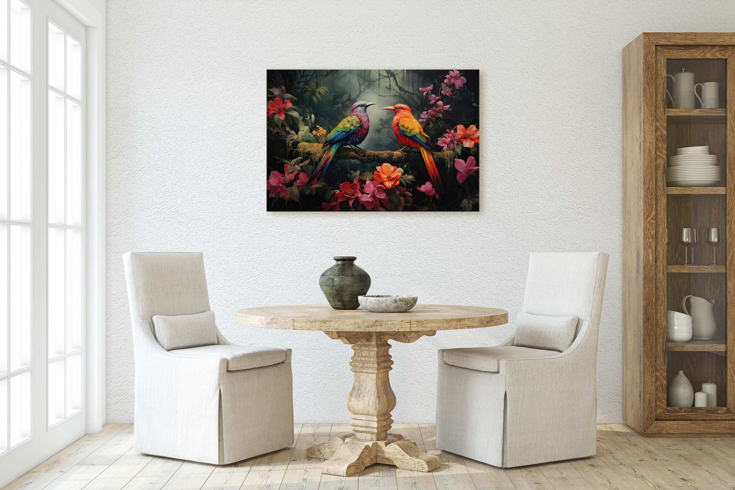 Jungle Bird Painting, Jungle Art, Green Jungle, Framed Canvas, Large Print, Beautiful Bird, Flower Jungle, Tropical Forest, Rainforest Art