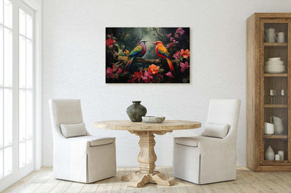 Jungle Bird Painting, Jungle Art, Green Jungle, Framed Canvas, Large Print, Beautiful Bird, Flower Jungle, Tropical Forest, Rainforest Art