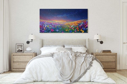 Night time Meadow, Canvas Print, Flower Print, Floral Decor, Star Sky, Starry, Wildflowers Decor