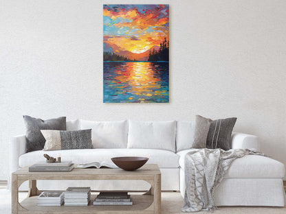 Lake at Sunset, Fauvist Color, Calm Water, Chromatic, Impressionist Art, Landscape Decor, Nature Painting, Ready to Hang, Canvas Print
