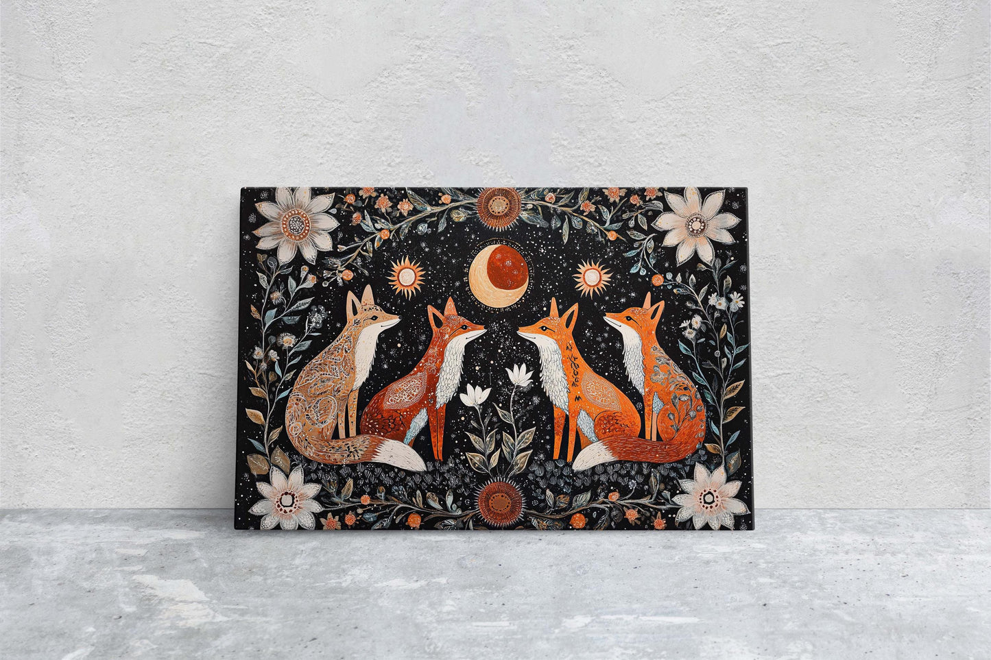 Fox Folk Art, Celestial Art, Fox Art, Nature print, Canvas print
