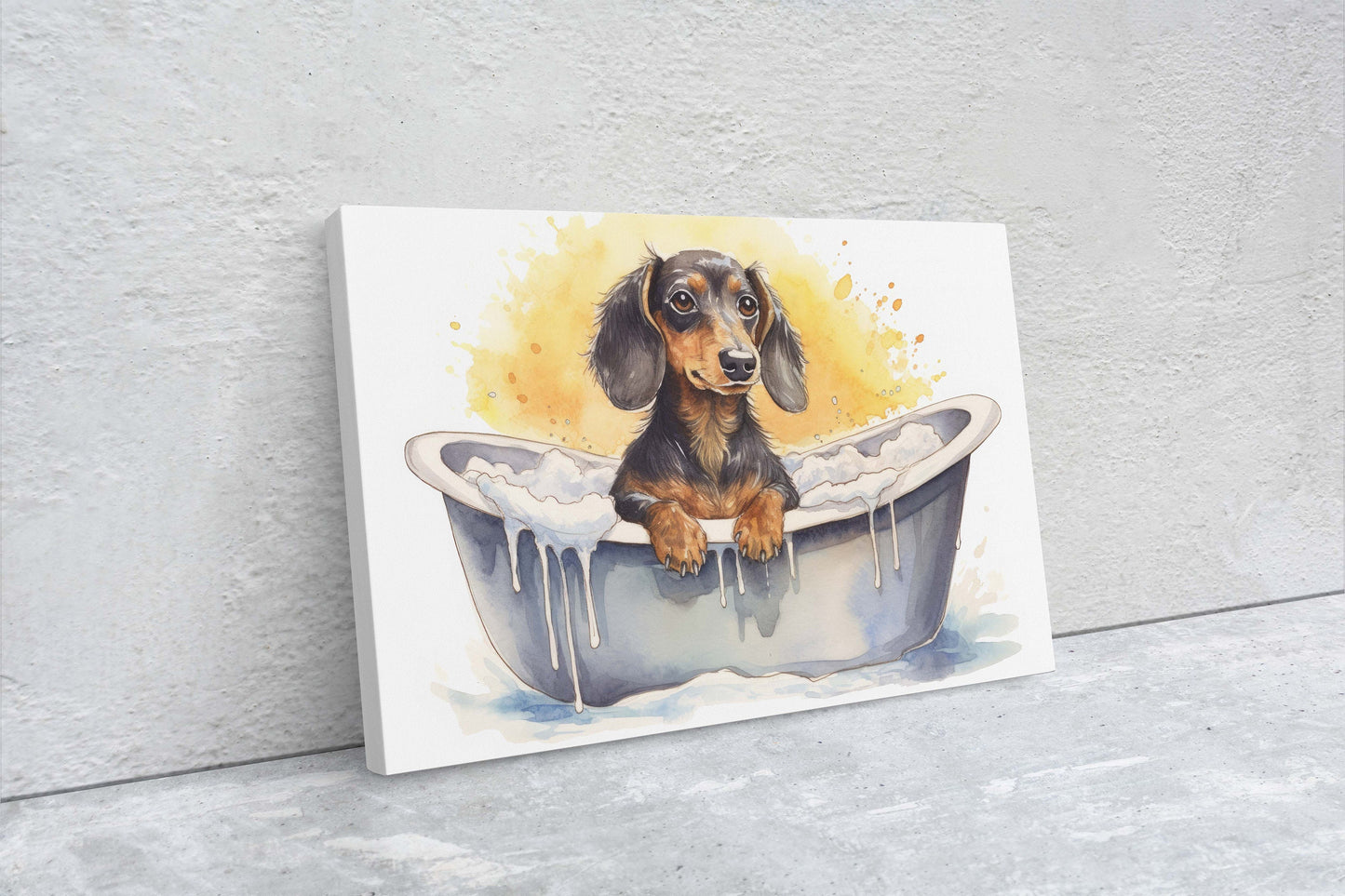 Dachshund Bath, Dog in Bathtub, Bathroom Decor, Kids Bath, Powder room, Fun Art, Wiener Dog, Bath time Art, Cute Dog Art, Silly Puppy