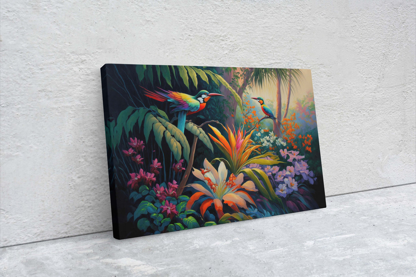 Jungle Birds of Passion Flowers Art Ready To Hang Large Print, Oil Painting, Landscape, Natural Beauty, Colorful