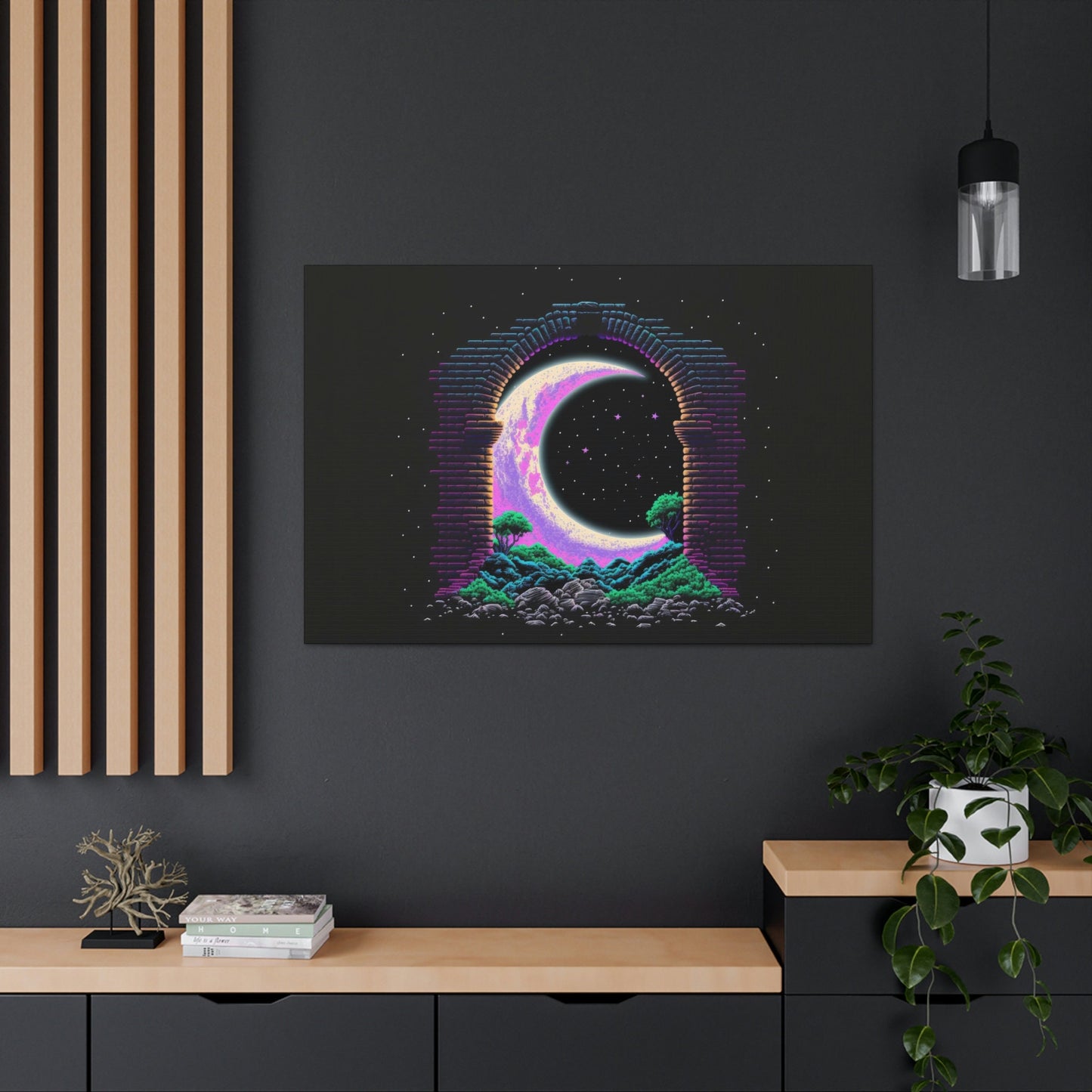 Moon Pixel Art Canvas Art Ready To Hang Large Print, Video Gamer, Man Cave, Synth Wave,