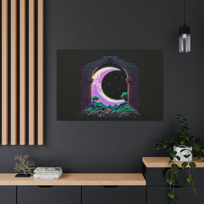 Moon Pixel Art Canvas Art Ready To Hang Large Print, Video Gamer, Man Cave, Synth Wave,