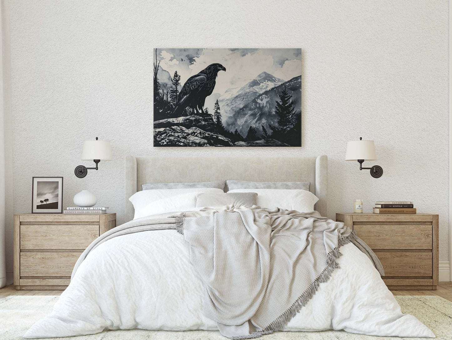 Black and White Eagle,  Hawk Painting, Cabin Decor, Mountain Home Art, Framed Canvas, Eagle Painting, Mountain Range, Nature Art