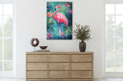 Flamingo on Canvas, Tropical Bird, Botanical Animal, Framed Canvas, Pink Green, Vertical Portrait, Exotic Bird