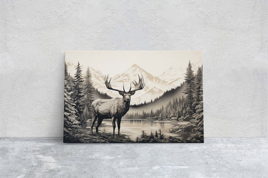 Black and White Elk,  Elk Painting, Cabin Decor, Mountain Home Art, Framed Canvas, Moose Painting, Neutral Color, Mountain Range, Nature Art
