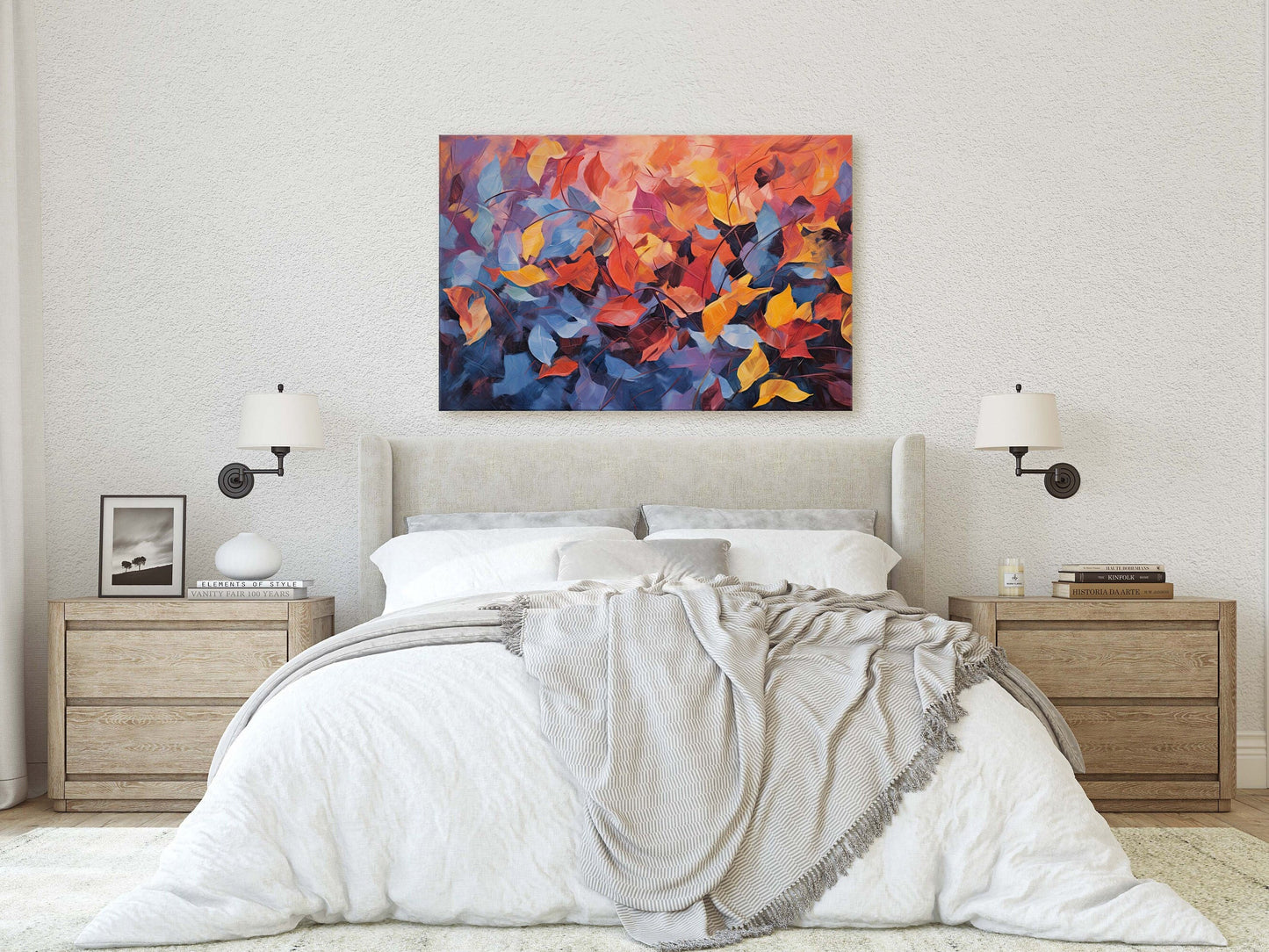 Abstract Leaf Print, Fall Leaves, Autumn,Red Orange Canvas, Fine Art, Modern Artwork, Contemporary Print, Framed Canvas