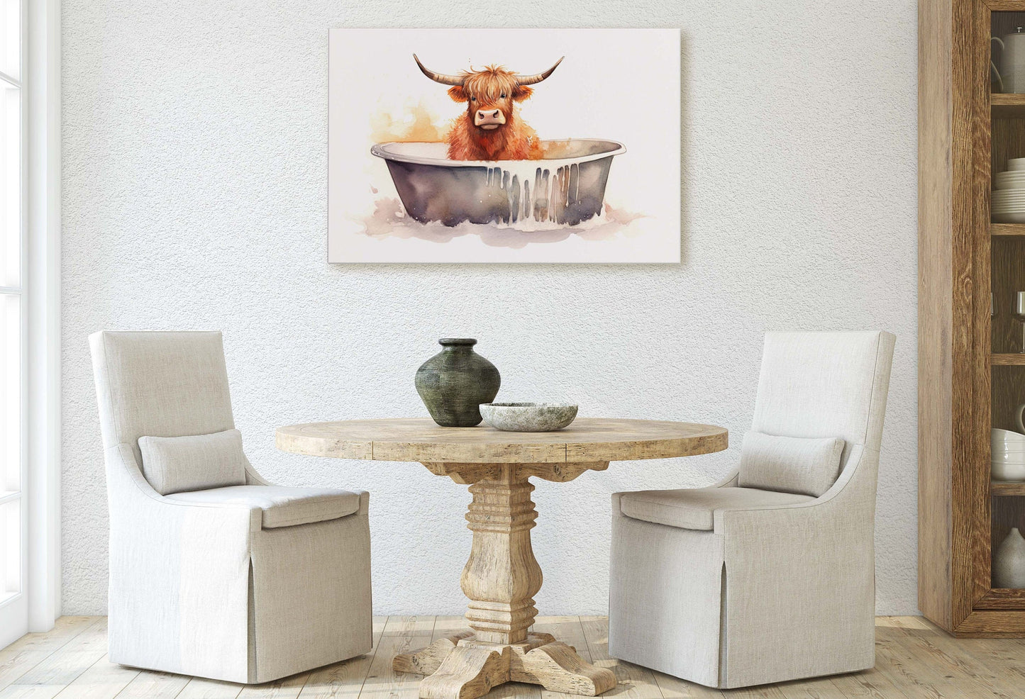 Highland Cow on Canvas, Cow Bathtub, Bathroom Decor, Scottish Cow, Bovine Art, Powder Room, Barn Style, Fun Art, Farm Print, Oversized Art