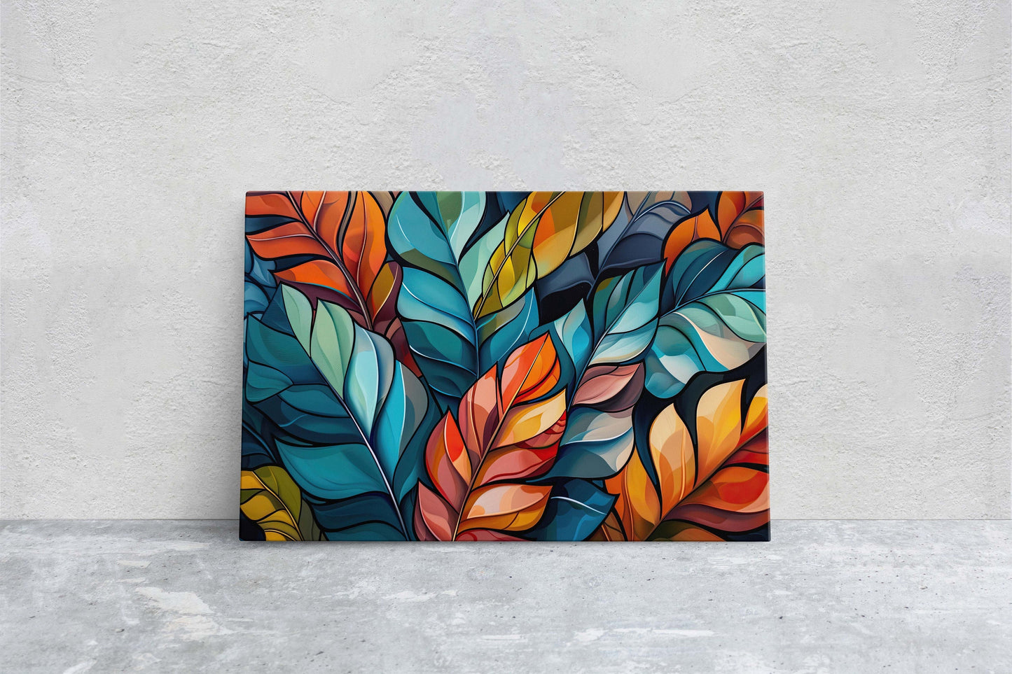 Modern Leaves, Contemporary Colorful, Fall Season, Abstract Symbolist, Framed Canvas, Large Art Print