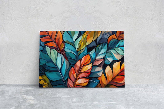 Modern Leaves, Contemporary Colorful, Fall Season, Abstract Symbolist, Framed Canvas, Large Art Print
