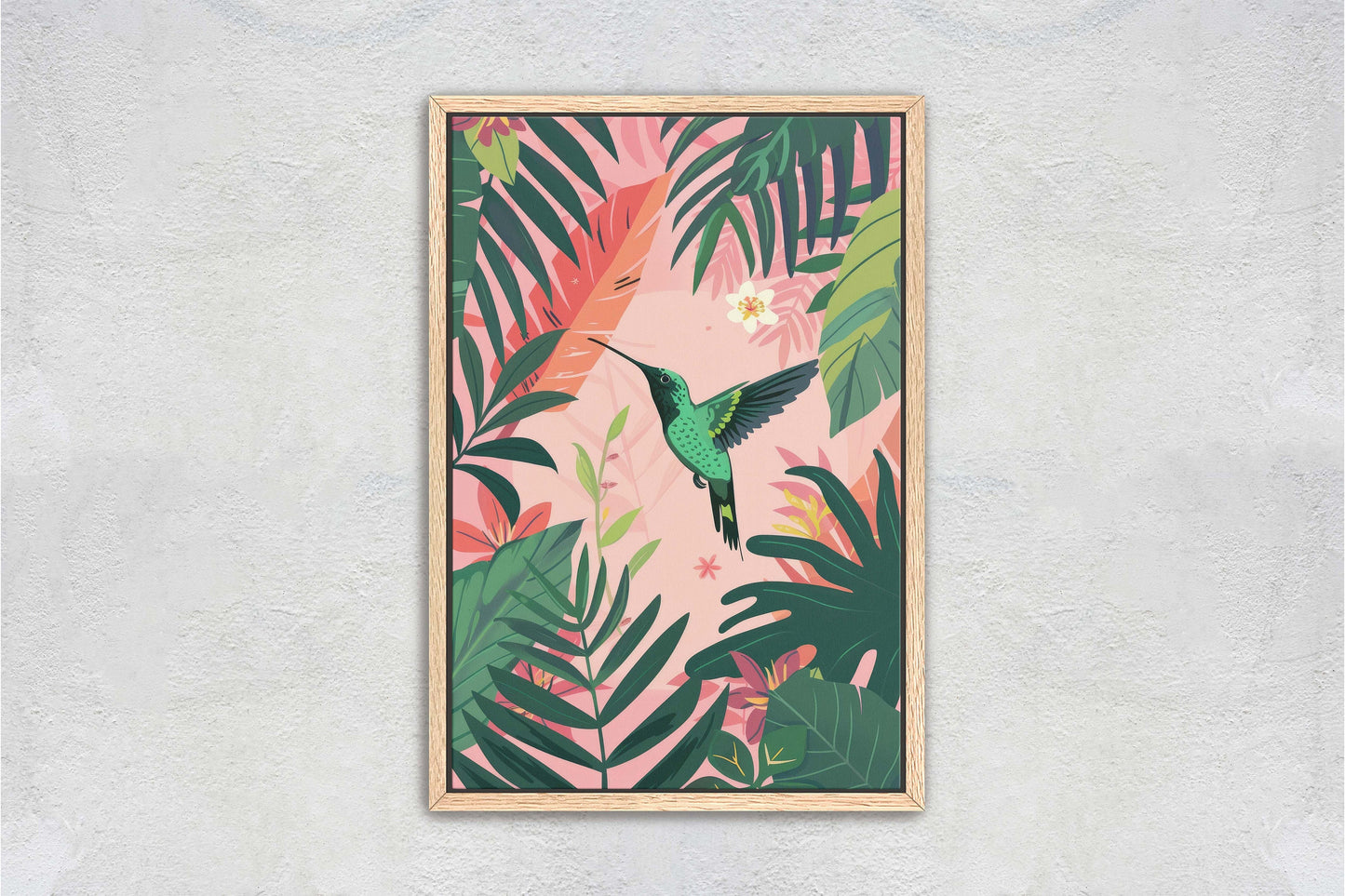 Hummingbird Illustration, Framed Canvas, Tropical Art, Maximalist Jungle, Botanical Print, Bold Eclectic