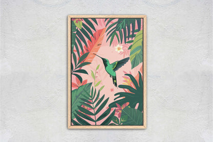 Hummingbird Illustration, Framed Canvas, Tropical Art, Maximalist Jungle, Botanical Print, Bold Eclectic