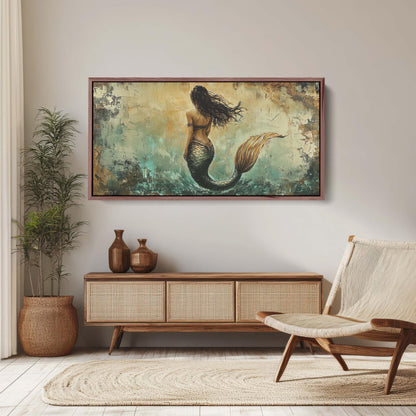 Rustic Mermaid, Faux metal art, Mythical Creature, Ocean Decor, Framed Canvas, Large Art print, Fantasy Painting