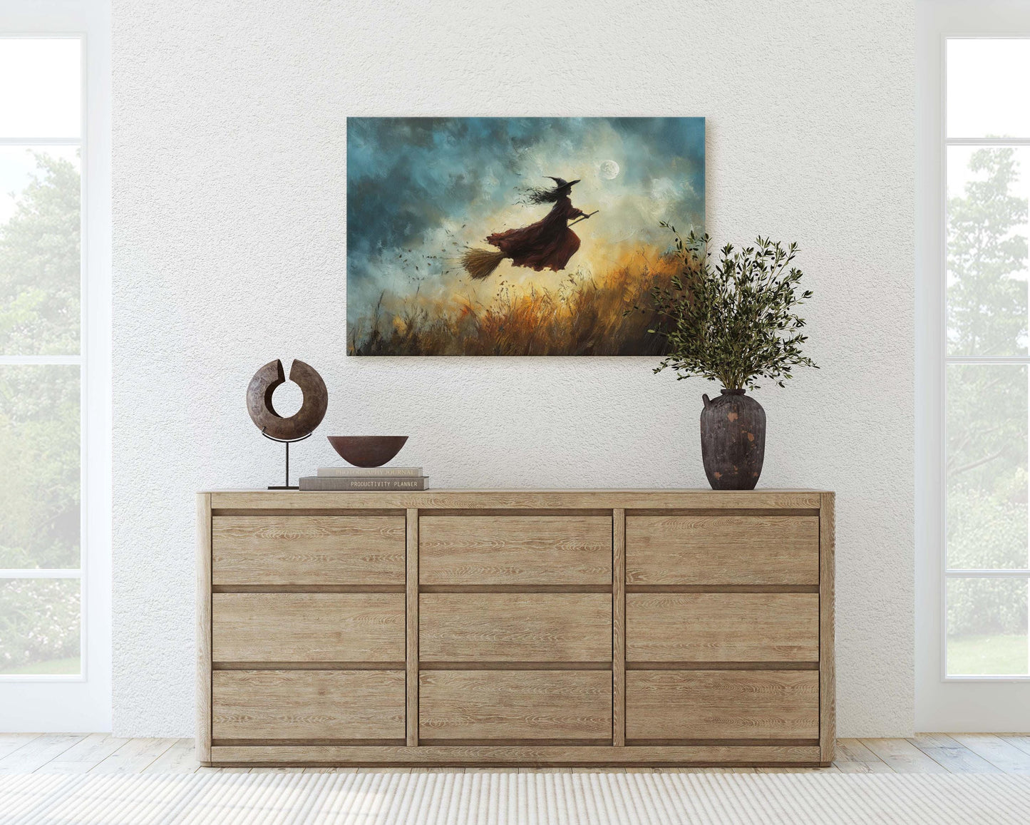 Flying Witch, Witch on Broomstick, Whimsical Decor, Full Moon,Halloween Art, Fall Harvest, Cloudy