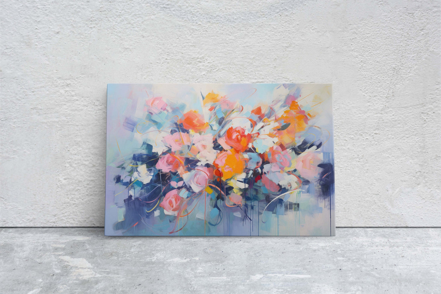 Abstract Floral Print, Flowers in Rain, Blue Canvas, Fine Art, Modern Artwork, Contemporary Print, Framed Canvas