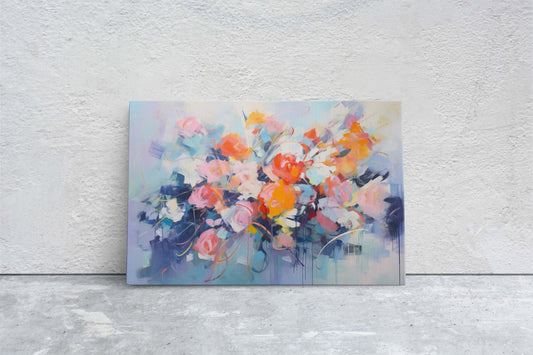 Abstract Floral Print, Flowers in Rain, Blue Canvas, Fine Art, Modern Artwork, Contemporary Print, Framed Canvas