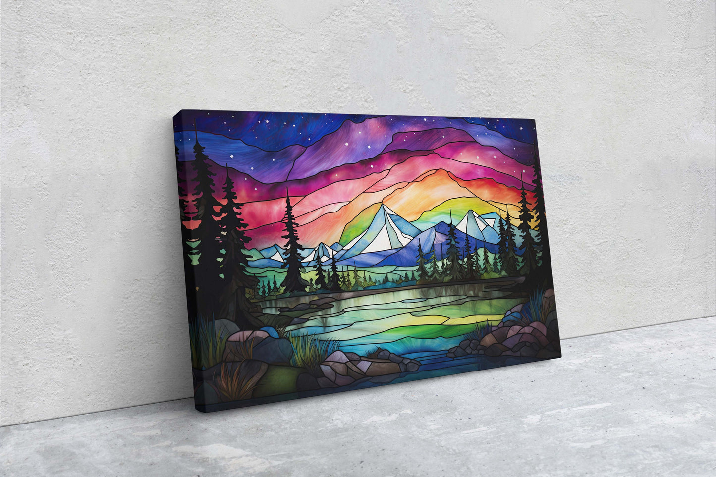 Aurora Borealis, Painting Night, Moon Mountains, Mountain Landscape, Framed Canvas, Cold Mountains, Snow Peaks