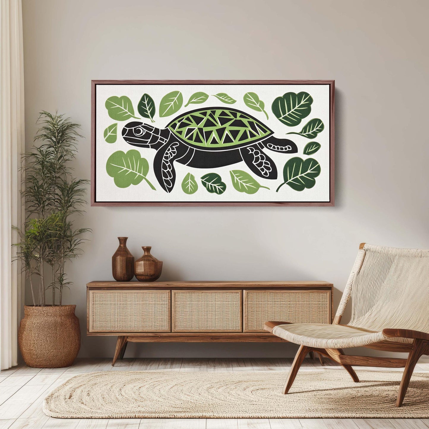 Turtle Folk Art, Scandinavian Art, Linocut Print, Framed Canvas, Large Canvas Print